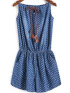 Romwe Blue Spaghetti Strap Hearts Print Denim Jumpsuit