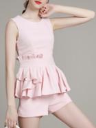 Romwe Pink Peplums Top With Pockets Shorts
