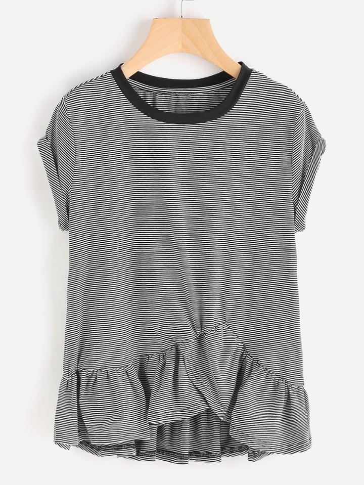 Romwe Cuffed Sleeve Frill Trim Asymmetric Striped Tee