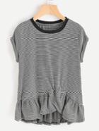 Romwe Cuffed Sleeve Frill Trim Asymmetric Striped Tee