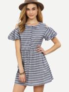 Romwe Grey Striped Ruffled Open Shoulder Dress