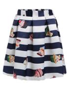 Romwe Cupcake Print Striped Box Pleated Skirt