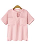 Romwe Pink Band Collar Dual Pocket Front Blouse