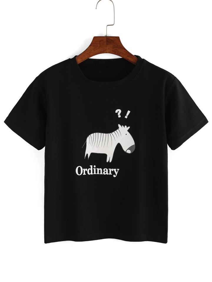 Romwe Zebra Print Black T-shirt