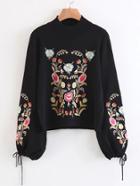 Romwe Embroidery Drawstring Lantern Sleeve Sweater