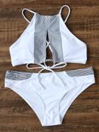 Romwe White Striped Detail Cutout Front Bikini Set