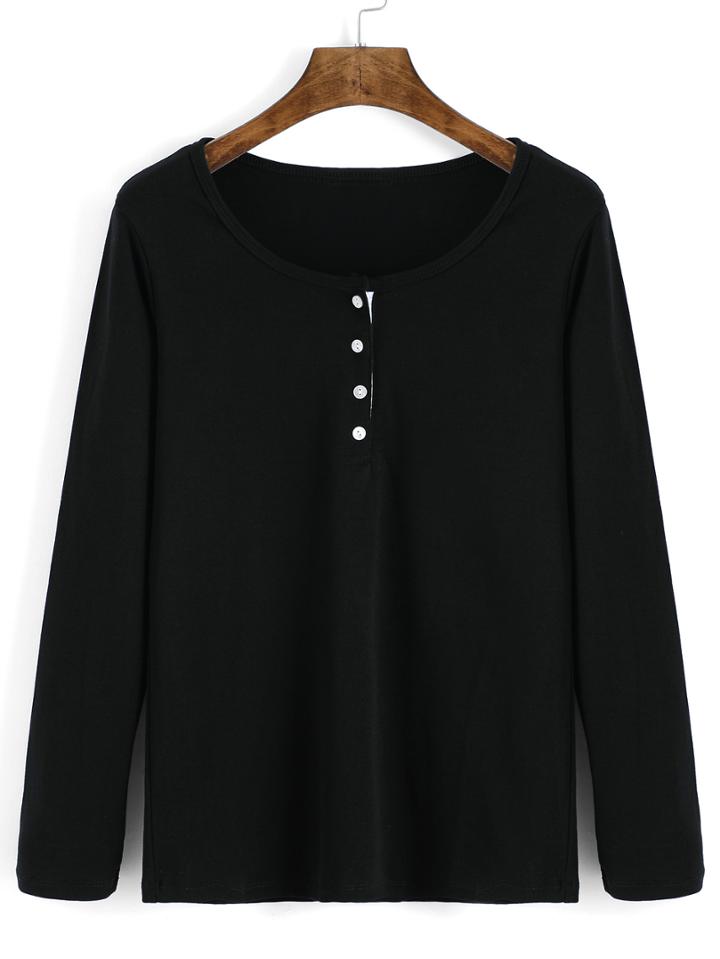 Romwe Long Sleeve Buttons Slim T-shirt