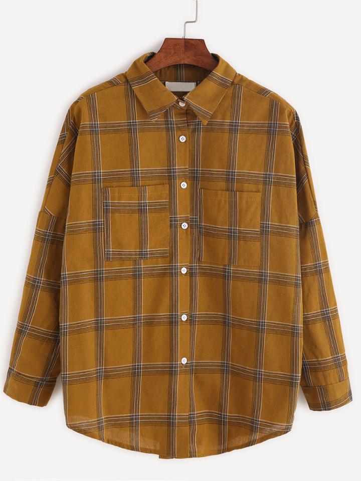 Romwe Khaki Plaid Drop Shoulder Dip Hem Pocket Shirt