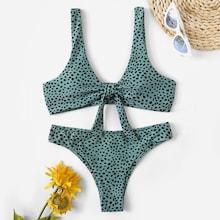 Romwe Dot Print Knot Front Top With Cheeky Bikini