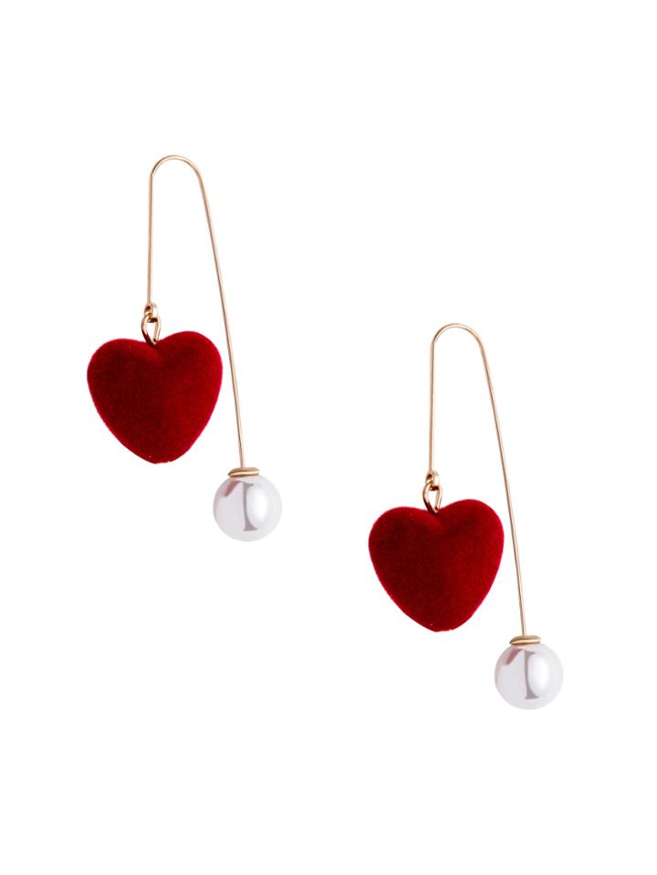Romwe Burgundy Heart Faux Pearl Personalized Drop Earrings