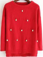 Romwe Dip Hem Bead Slit Red Sweater