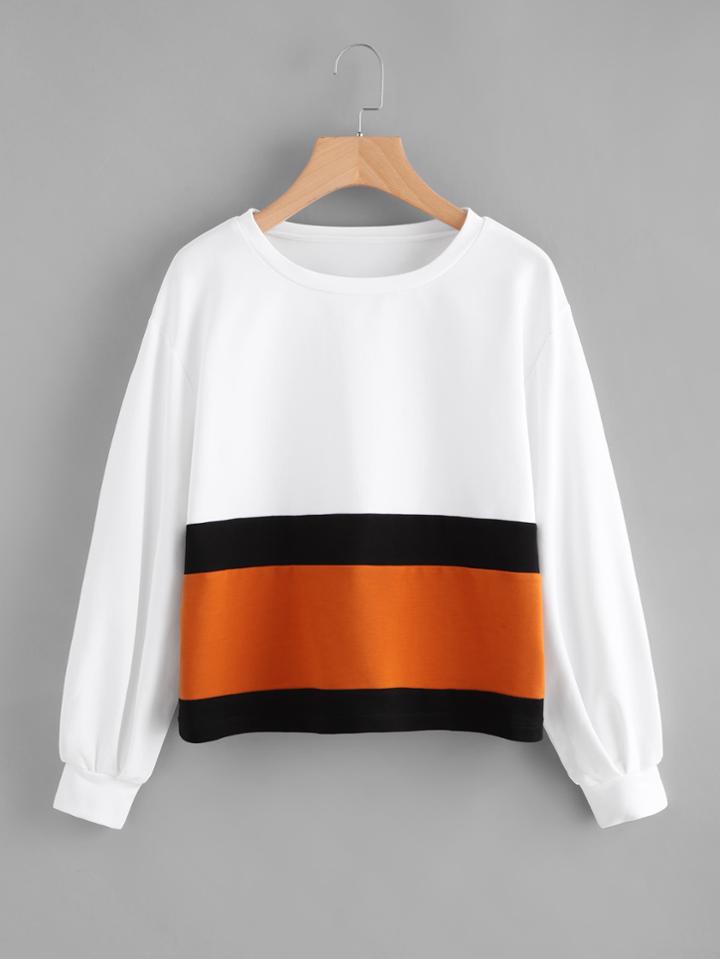 Romwe Contrast Panel Bishop Sleeve Pullover