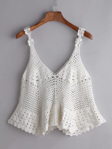 Romwe White Crochet Lace Hollow Out Swing Cami Top
