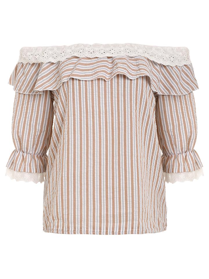 Romwe Ruffled Off-the-shoulder Vertical Striped Top - Khaki