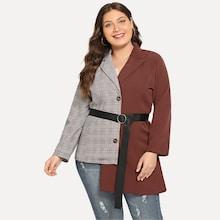 Romwe Plus Cut And Sew Panel Plaid Blazer
