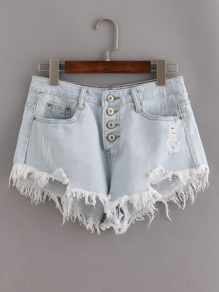 Romwe Blue Ripped Fringe Denim Shorts With Single Breasted