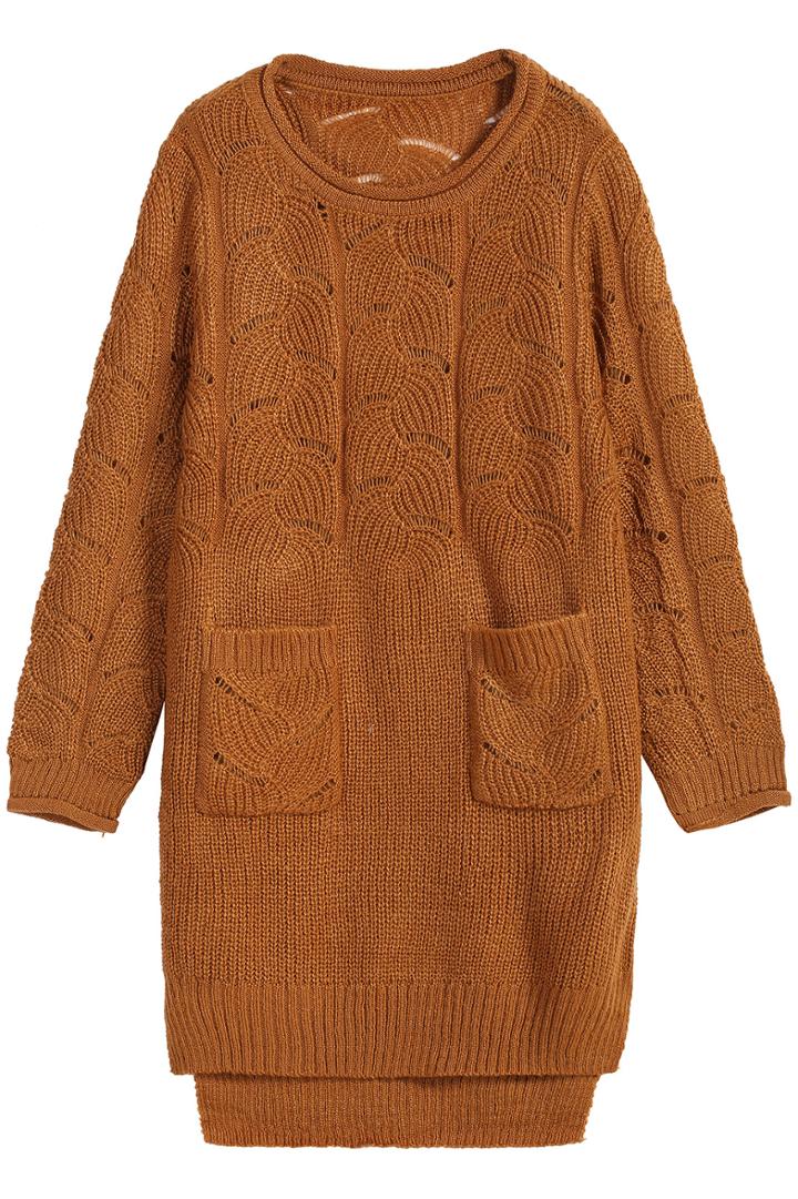 Romwe Hollow Pockets Dipped Hem Knit Khaki Sweater