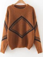 Romwe Khaki Diamond Pattern Drop Shoulder Sweater