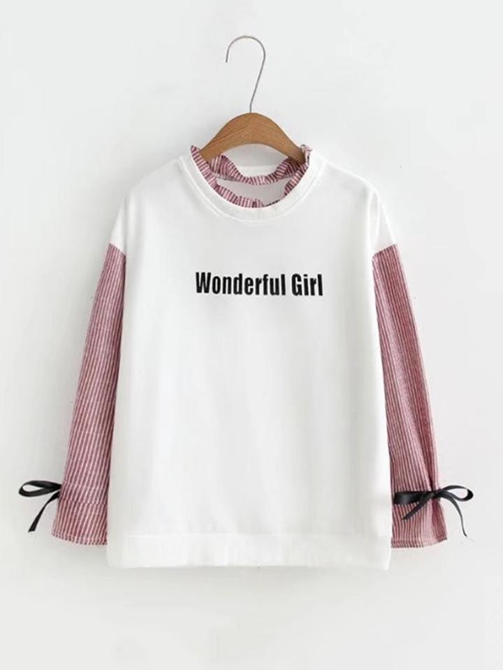 Romwe Slogan Print Striped Sleeve 2 In 1 Sweatshirt
