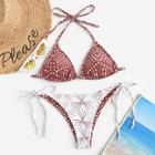 Romwe Geometric Print Halter Top With Tie Side Bikini