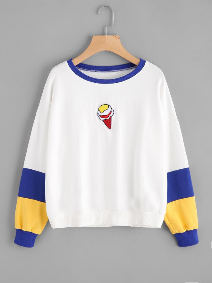 Romwe Contrast Sleeve Embroidered Ice Cream Patch Sweatshirt