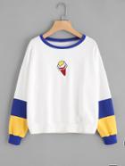 Romwe Contrast Sleeve Embroidered Ice Cream Patch Sweatshirt