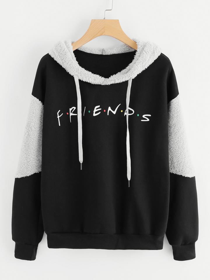 Romwe Contrast Faux Fur Panel Friend Print Hoodie