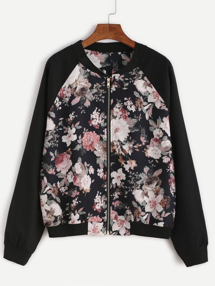 Romwe Floral Print Contrast Raglan Sleeve Jacket
