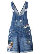 Romwe Blue Pockets Sequined Embroidery Denim Straps Romper
