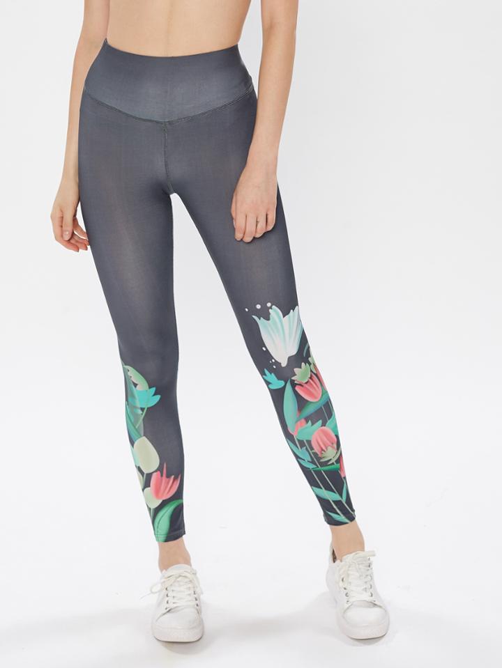 Romwe Wide Waistband Botanical Print Leggings