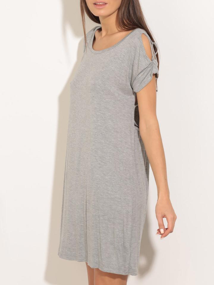 Romwe Grey Round Neck Lace Up Yoke Casual Dress