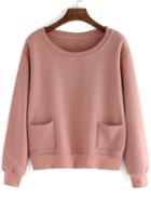 Romwe Pink Round Neck Pockets Crop Sweatshirt