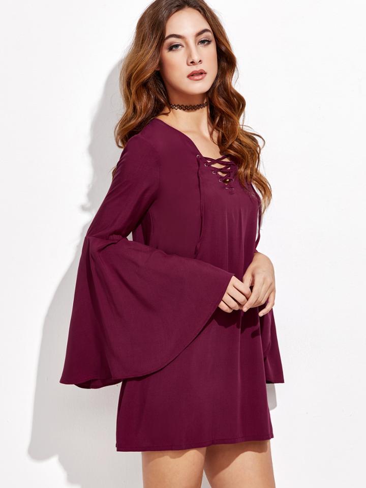Romwe Burgundy V Neck Bell Sleeve Lace Up Dress
