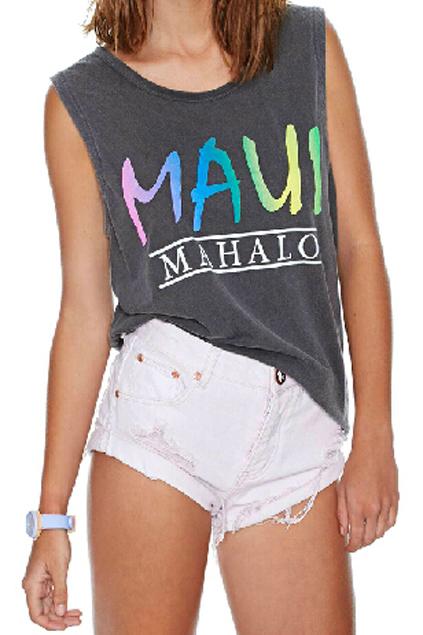 Romwe Romwe Asymmetric Maui Print Sleeveless Grey T-shirt