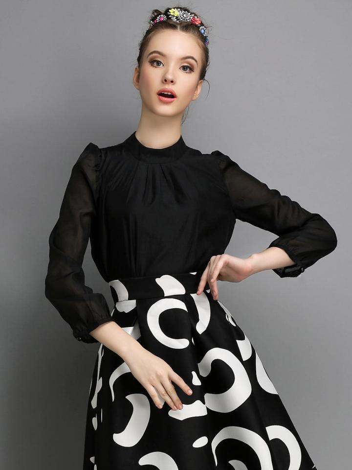 Romwe Sheer Sleeve Keyhole Back Pleated Top