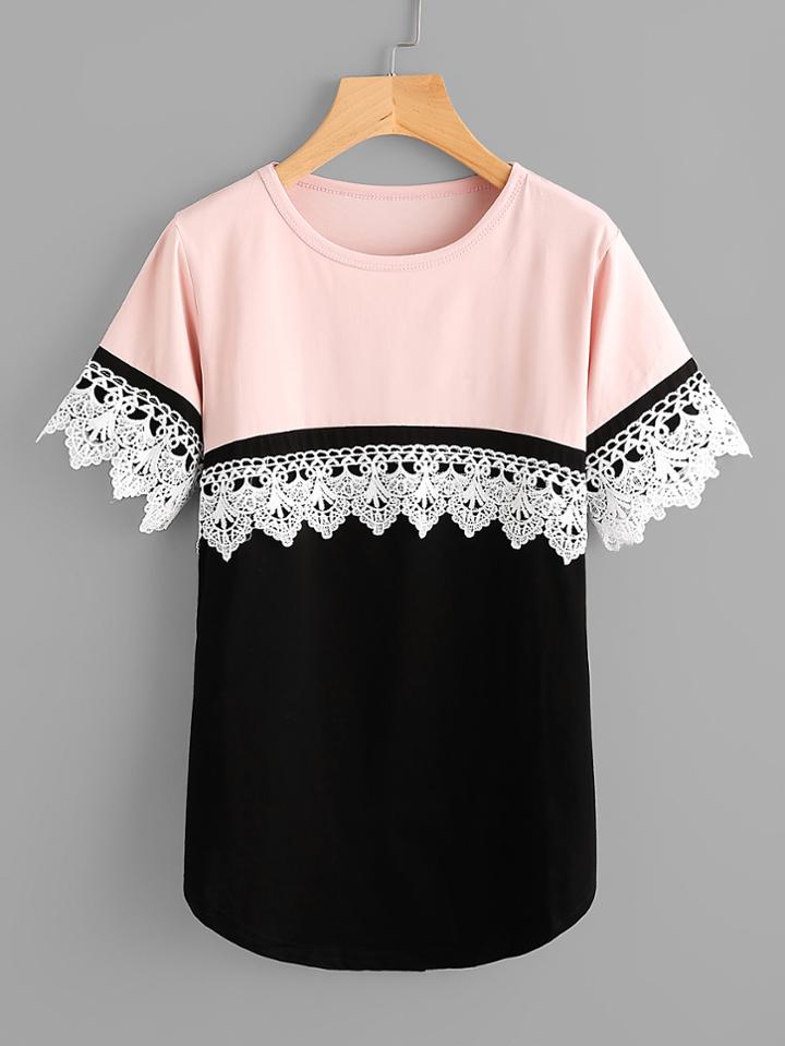 Romwe Color Block Lace Trim Tee