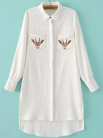 Romwe Dip Hem Deer Embroidered Shirt Dress With Pockets