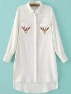 Romwe Dip Hem Deer Embroidered Shirt Dress With Pockets