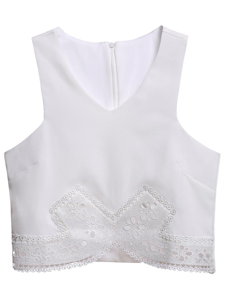 Romwe V Neck Sleeveless Lace Crop White Vest