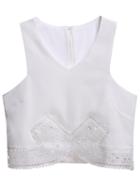 Romwe V Neck Sleeveless Lace Crop White Vest