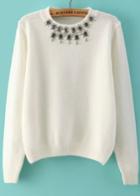 Romwe Rhinestone Knit Crop White Sweater