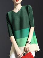 Romwe Green Color Block Pleated Elastic Shift Dress