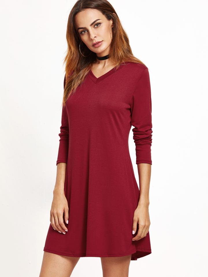 Romwe Burgundy V Neck Tee Dress