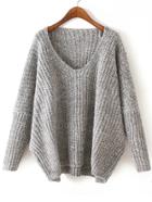 Romwe V Neck Chunky Knit Pale Grey Dolman Sweater