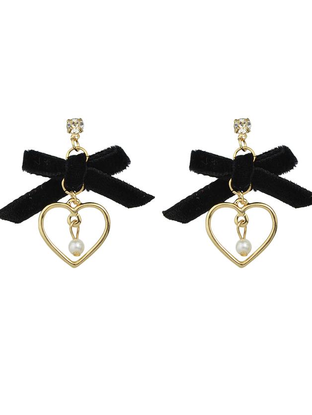 Romwe Black Color Velvet Bowtie Pearl Heart Shape Drop Earrings