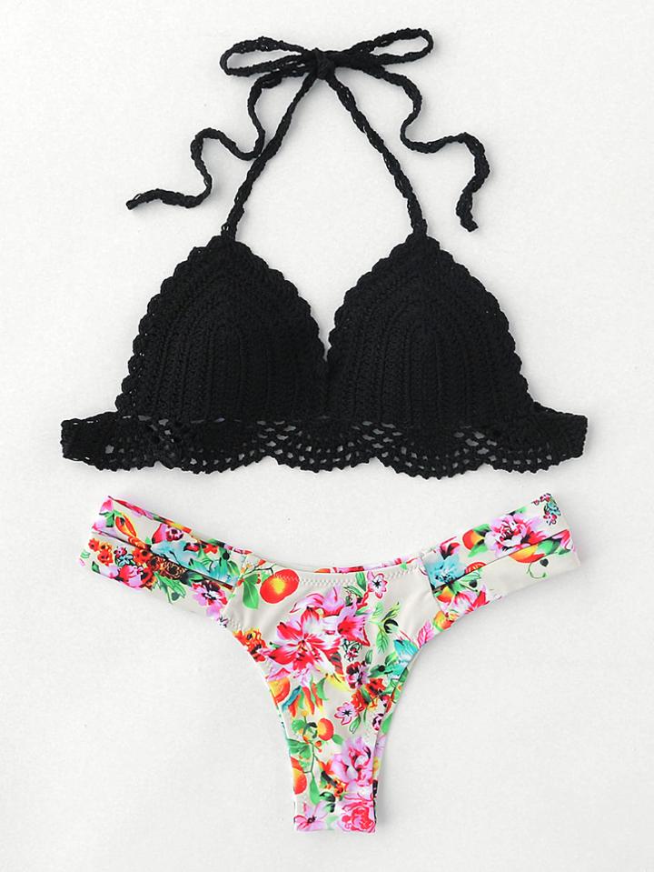 Romwe Mix And Match Crochet Bikini Set