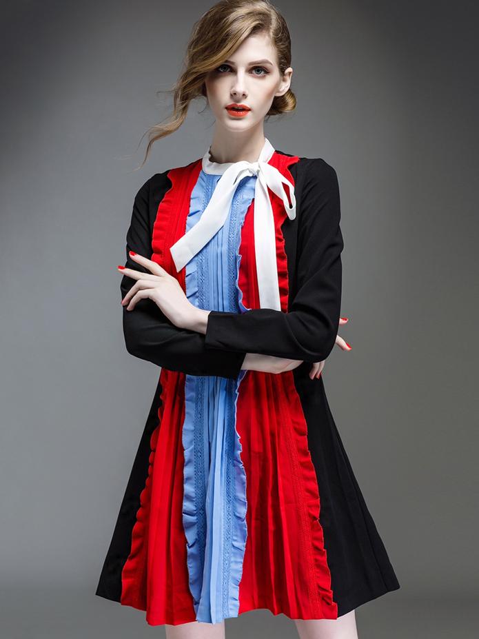 Romwe Black Round Neck Tie Long Sleeve Dress