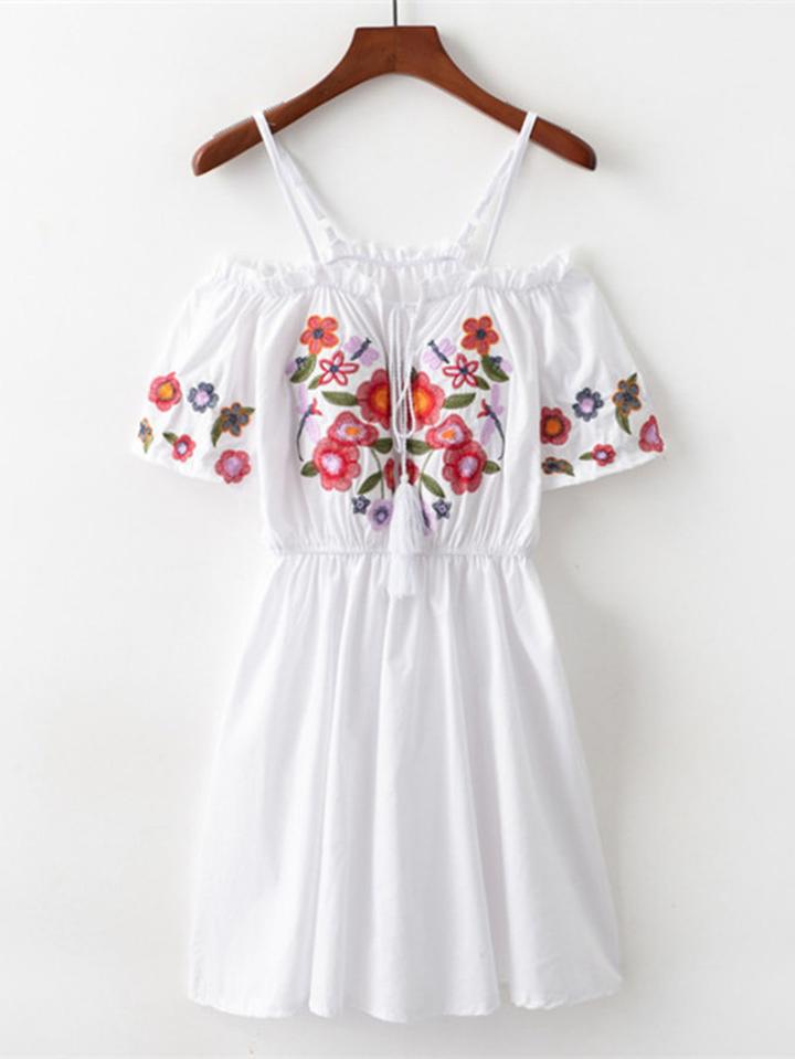 Romwe Open Shoulder Embroidered Dress