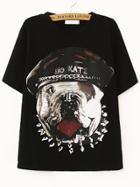 Romwe Dog Print Black T-shirt