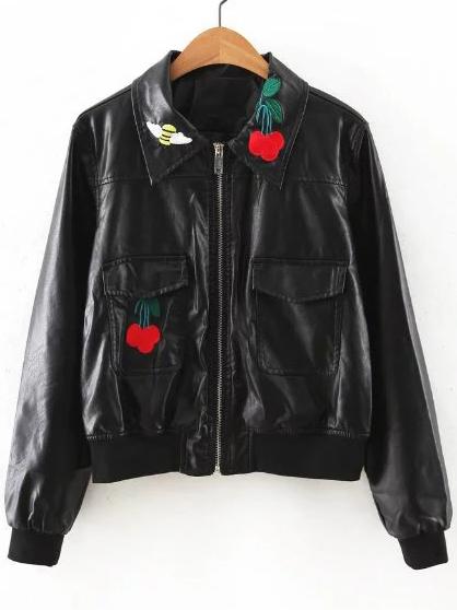 Romwe Black Cherry Embroidery Pocket Pu Jacket